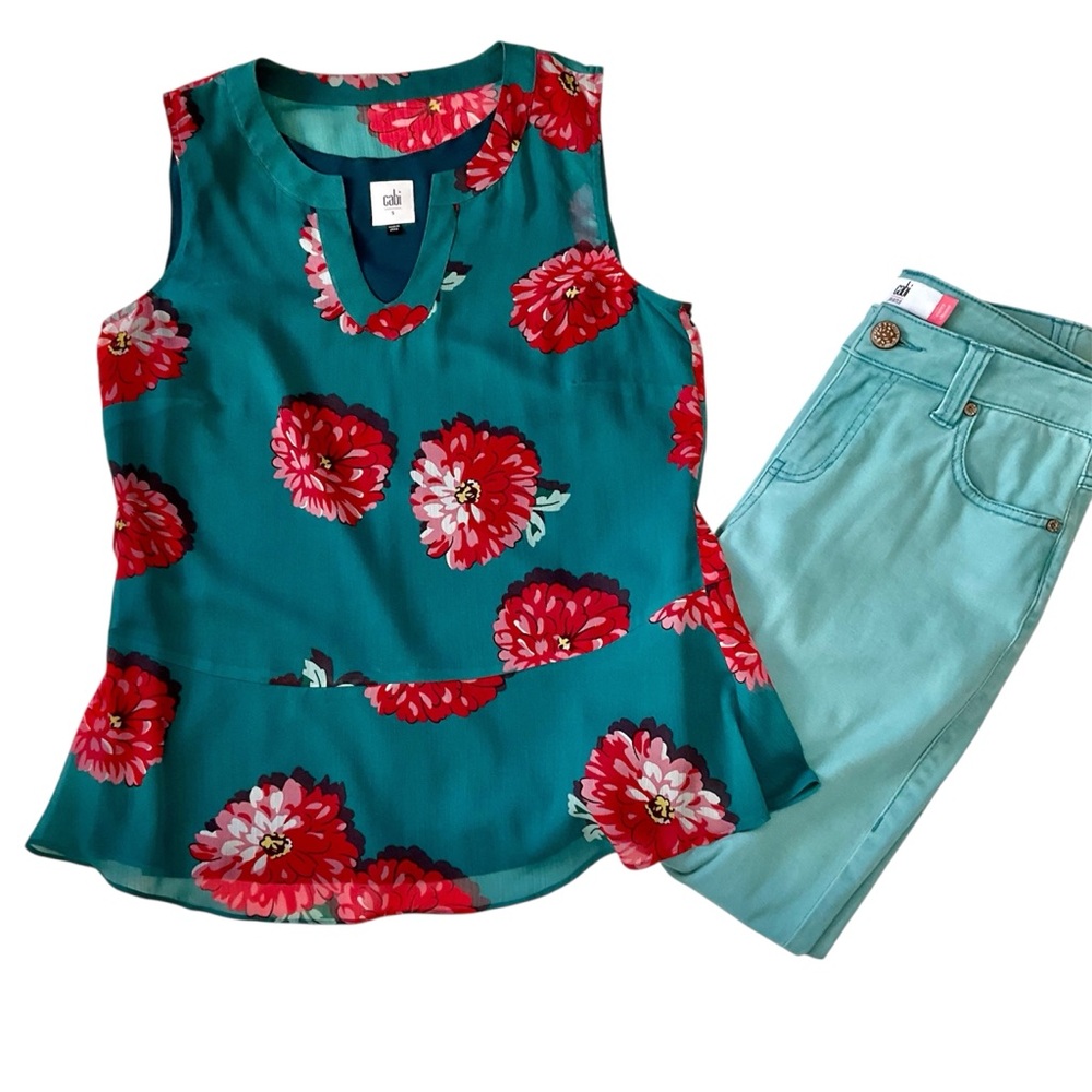 Cabi Blushing Blouse Floral Teal Pink Sleeveless Top Style 3545 Size S
